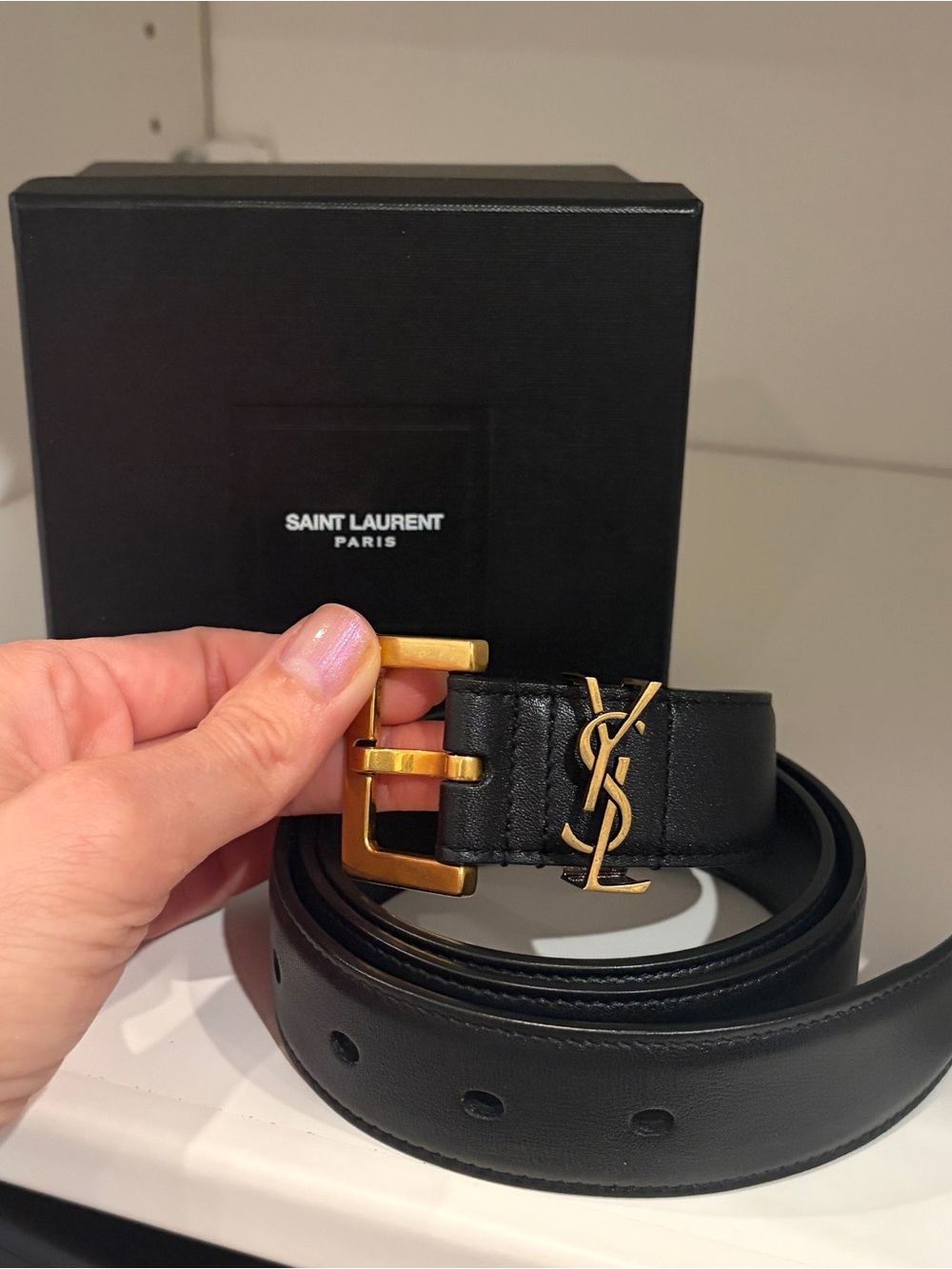 Saint Laurent Cassandre Black Leather Belt with Gold YSL Accent and Buckle
